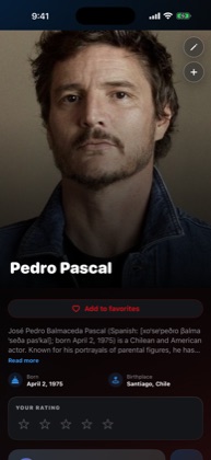 An actor profile in WatchNGo showing biography, filmography, and your rating