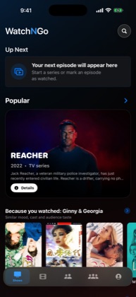 WatchNGo home screen with a featured film and trending rows