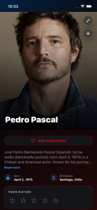 An actor profile in WatchNGo showing biography, filmography, and your rating