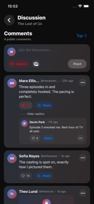 A WatchNGo discussion thread with comments, reactions, and a hidden spoiler