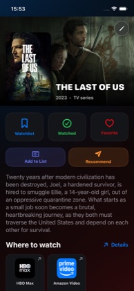 WatchNGo personalization screen with a rating, a private note, lists, and poster choices