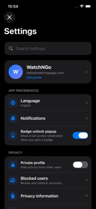 WatchNGo privacy settings with a private account and spoiler controls