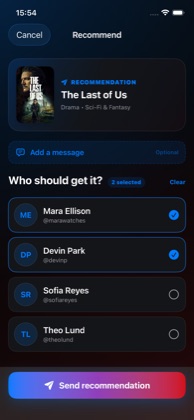 WatchNGo recommendation screen sending a title to a friend