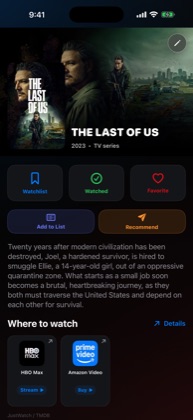 WatchNGo personalization screen with a rating, a private note, lists, and poster choices