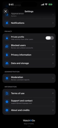 WatchNGo privacy settings with a private account and spoiler controls