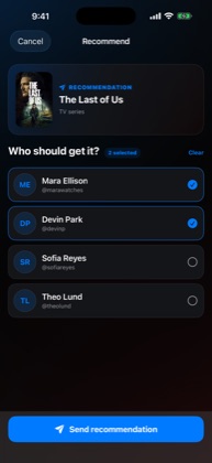 WatchNGo recommendation screen sending a title to a friend
