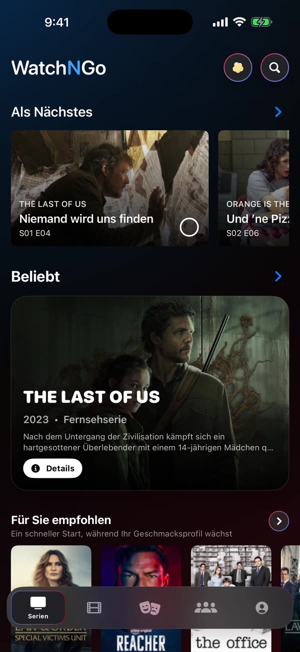 WatchNGo-Startbildschirm mit einem hervorgehobenen Film und Trend-Reihen