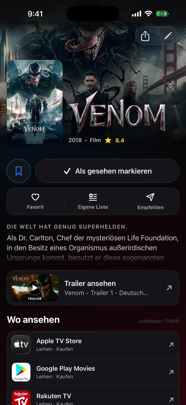 WatchNGo-Personalisierung mit Bewertung, privater Notiz, Listen und Posterauswahl