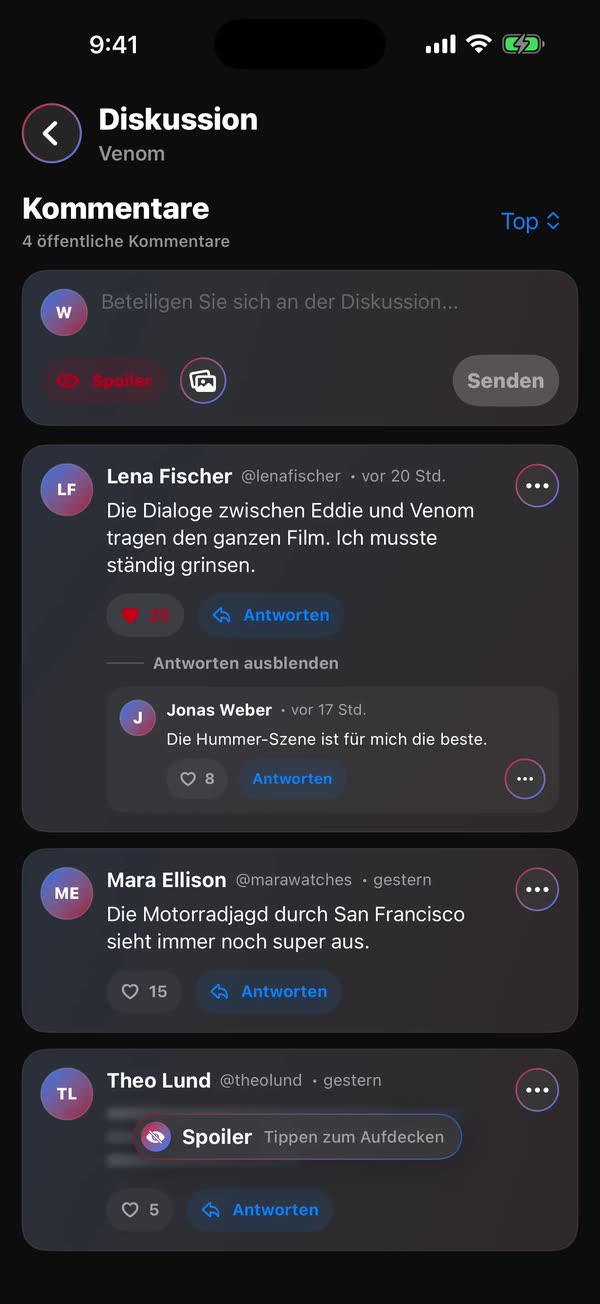 WatchNGo-Datenschutzeinstellungen mit privatem Konto und Spoiler-Steuerung