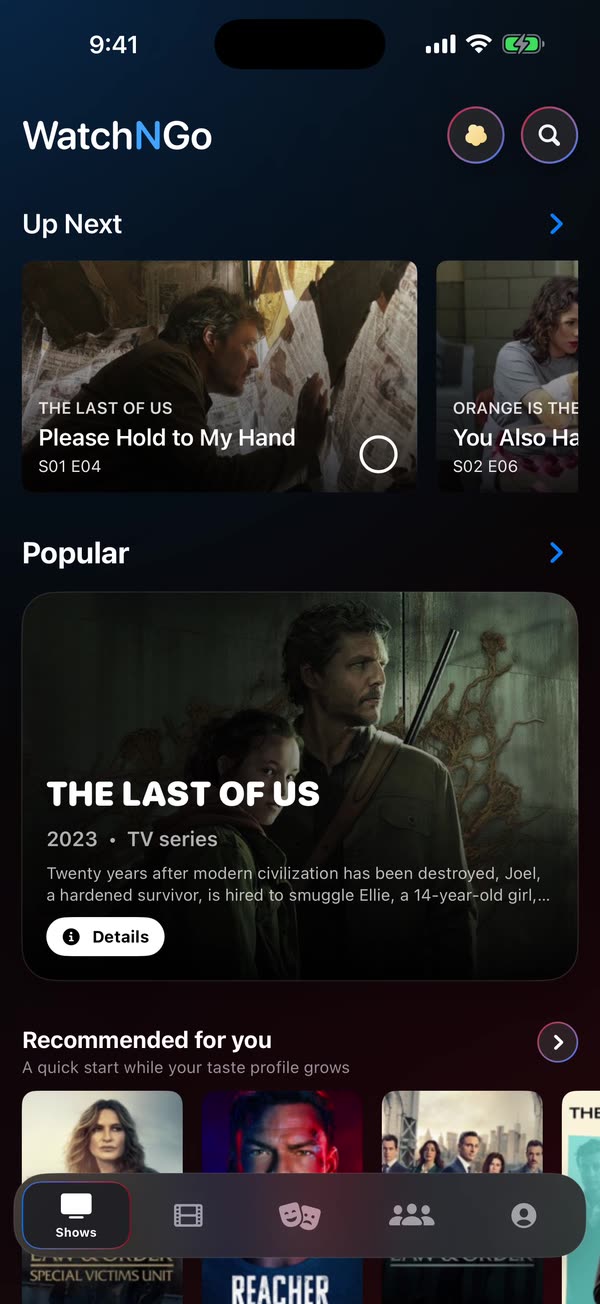WatchNGo home screen with a featured film and trending rows