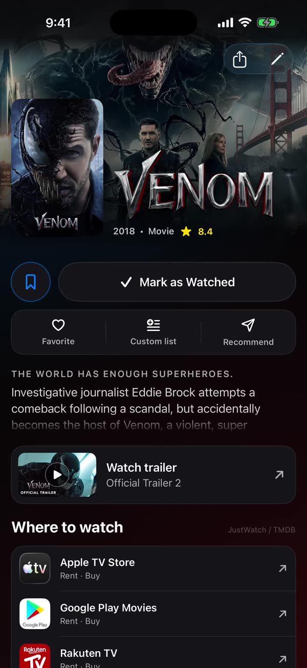 WatchNGo personalization screen with a rating, a private note, lists, and poster choices