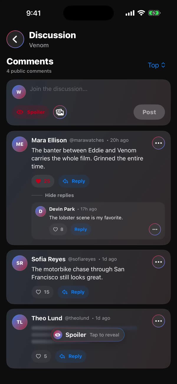 WatchNGo privacy settings with a private account and spoiler controls
