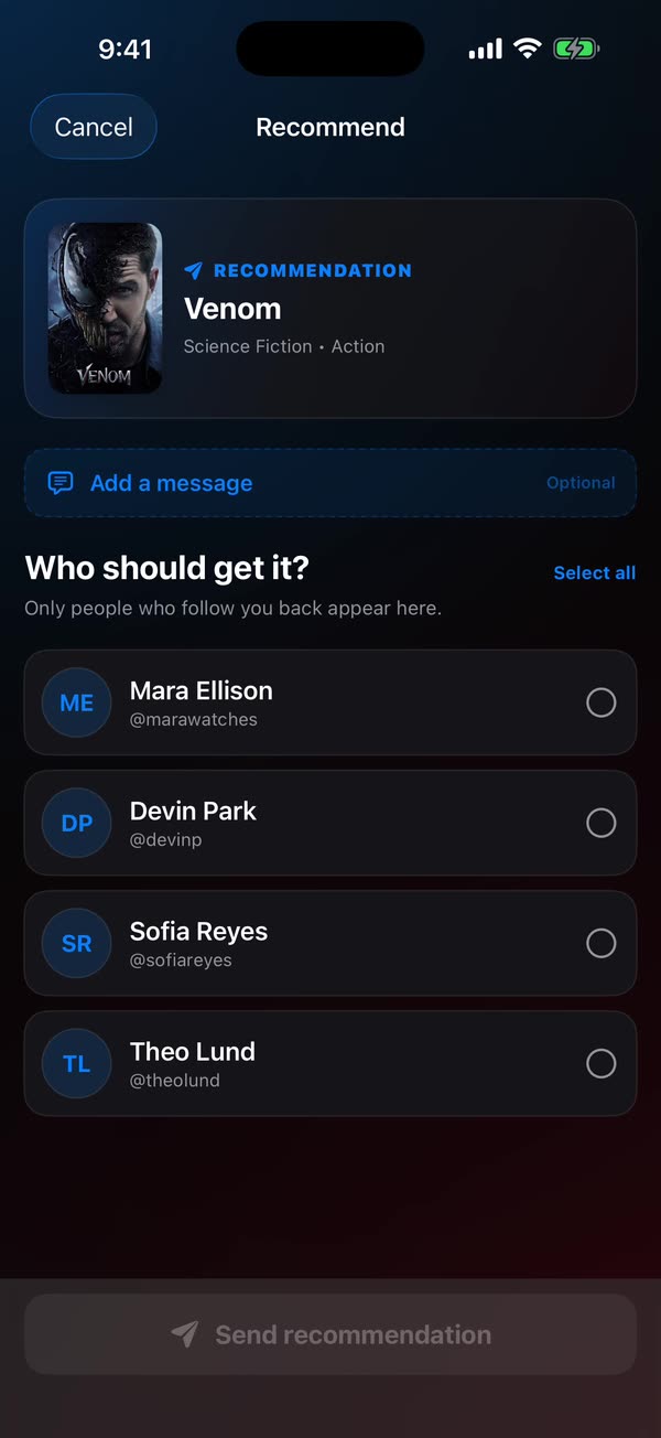 WatchNGo recommendation screen sending a title to a friend