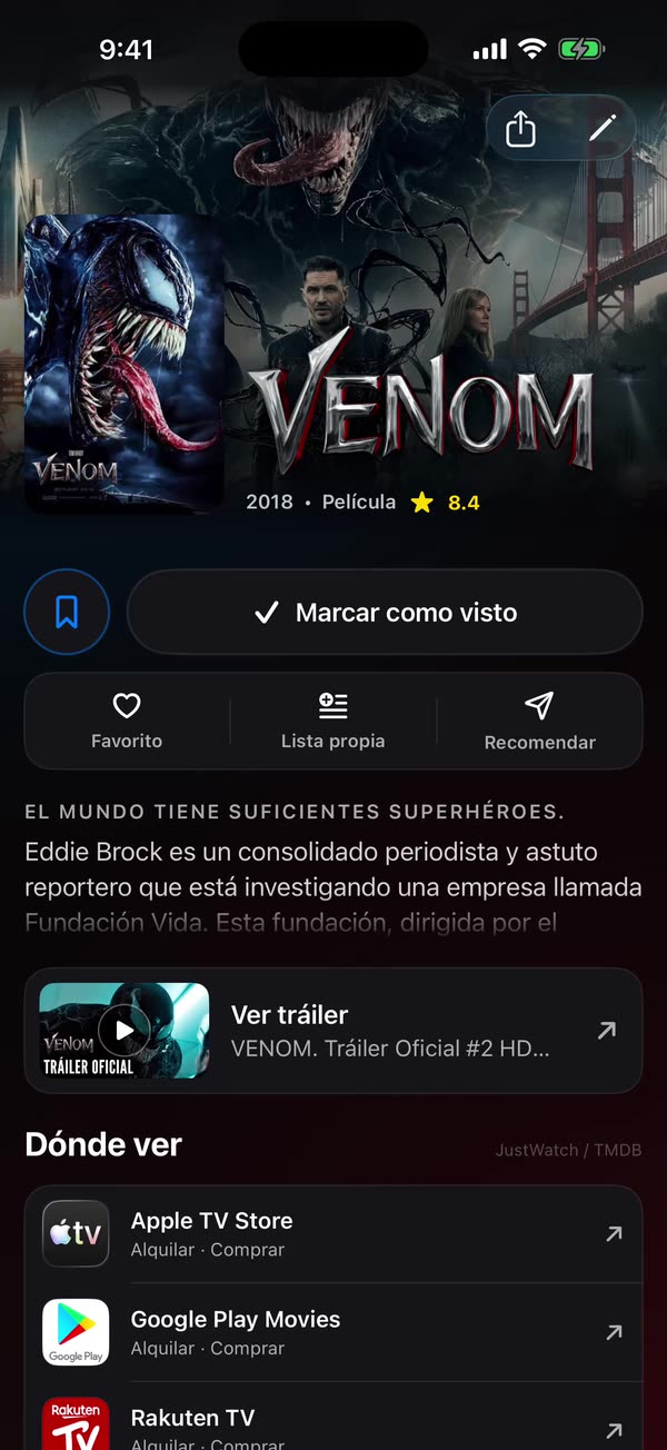 Pantalla de personalización de WatchNGo con una valoración, una nota privada, listas y opciones de póster