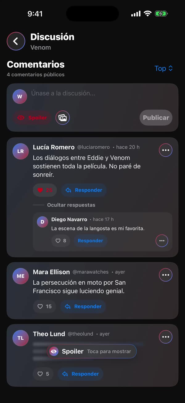 Ajustes de privacidad de WatchNGo con una cuenta privada y controles de spoiler