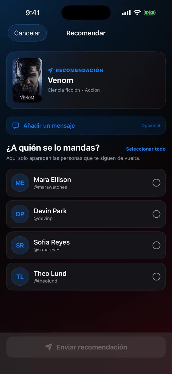Pantalla de recomendación de WatchNGo enviando un título a un amigo