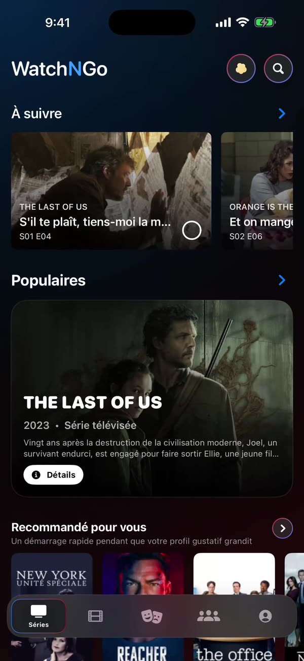 Écran d’accueil de WatchNGo avec un film à la une et des rangées de tendances