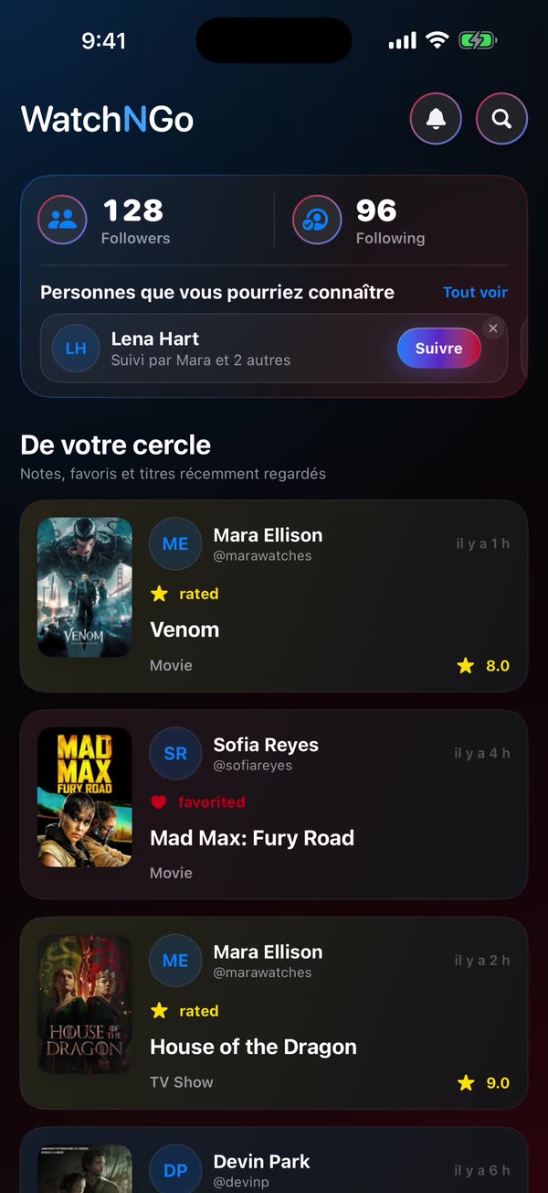 Un fil de discussion WatchNGo avec commentaires, réactions et un spoiler masqué