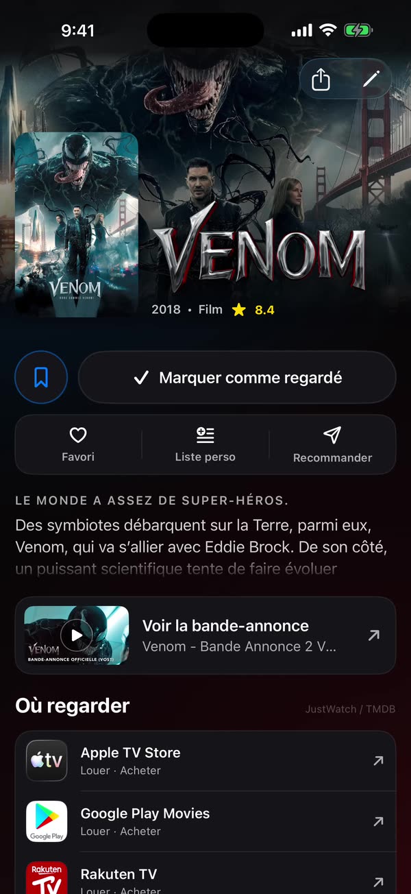 Écran de personnalisation de WatchNGo avec une note, une note privée, des listes et des choix d’affiche