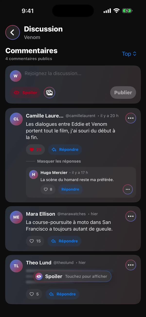 Réglages de confidentialité de WatchNGo avec un compte privé et des contrôles de spoiler
