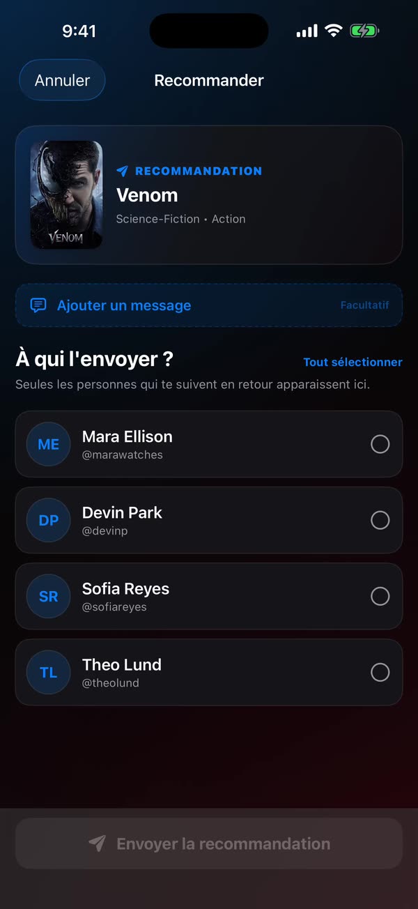 Écran de recommandation de WatchNGo envoyant un titre à un ami