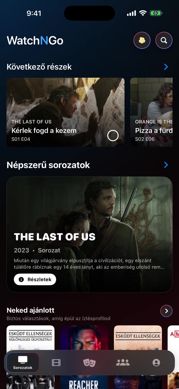 A WatchNGo kezdőképernyője kiemelt filmmel és felkapott sorokkal