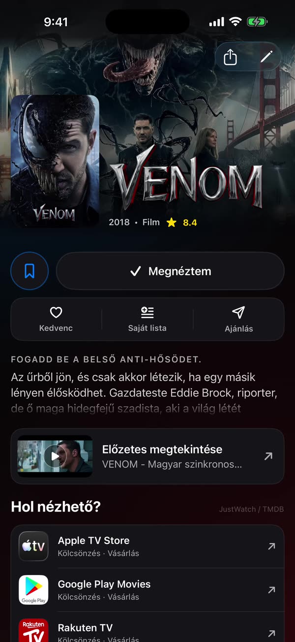 WatchNGo személyre szabási képernyő értékeléssel, privát jegyzettel, listákkal és poszterválasztással