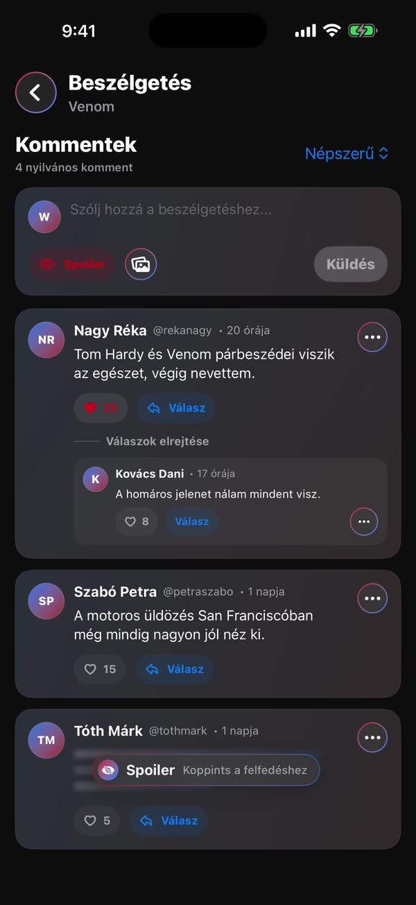 WatchNGo adatvédelmi beállítások privát profillal és spoilervezérlőkkel