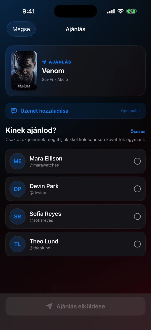 WatchNGo ajánlásképernyő, amint egy címet küld egy barátnak