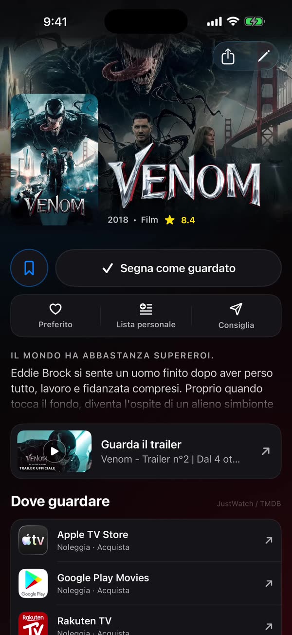 Schermata di personalizzazione di WatchNGo con una valutazione, una nota privata, liste e scelte del poster