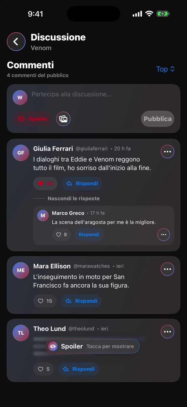 Impostazioni sulla privacy di WatchNGo con un account privato e controlli spoiler