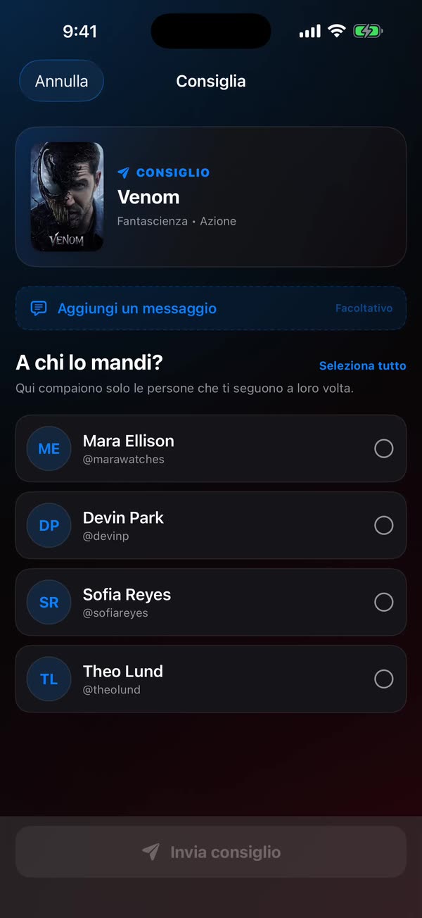Schermata dei consigli di WatchNGo che invia un titolo a un amico